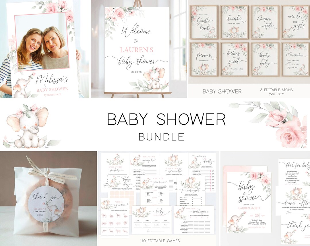 Elephant Baby Shower Template, Baby Shower Set, Greenery Blush Pink