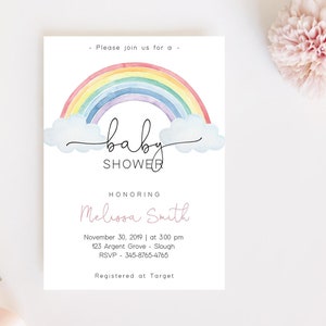 May include: A baby shower invitation with a watercolor rainbow and clouds. The text reads "Please join us for a baby shower honoring Melissa Smith. November 30, 2019 at 3:00 pm. 123 Argent Grove - Slough. RSVP - 345-8765-4765. Registered at Target."