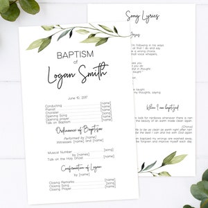 LDS Baptism Program, Printable, Neutral Baptism Program, Greenery Olive Leaves Foliage, Editable LDS Baptism Program Template, Corjl, GE02