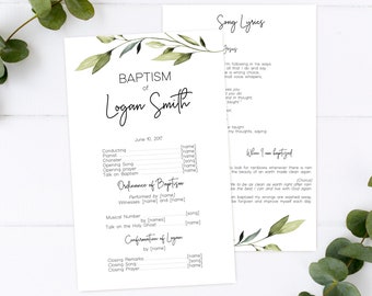 LDS Baptism Program, Printable, Neutral Baptism Program, Greenery Olive Leaves Foliage, Editable LDS Baptism Program Template, Corjl, GE02