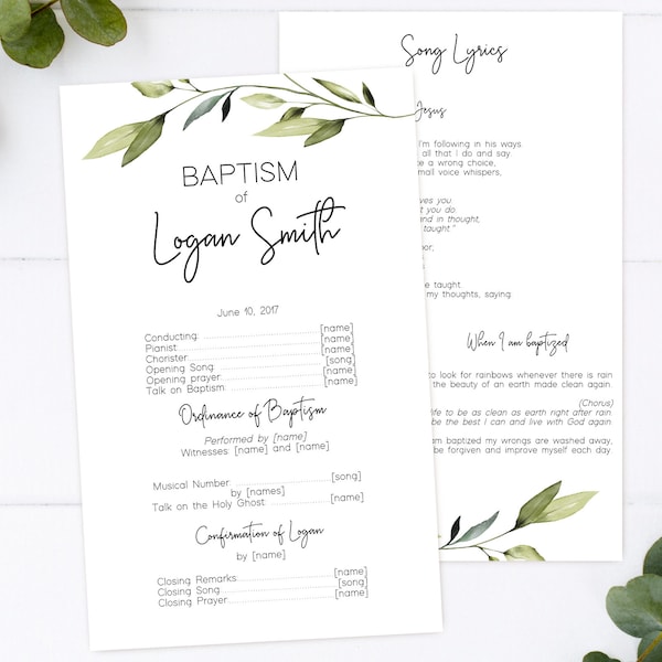 LDS Baptism Program, Printable, Neutral Baptism Program, Greenery Olive Leaves Foliage, Editable LDS Baptism Program Template, Corjl, GE02