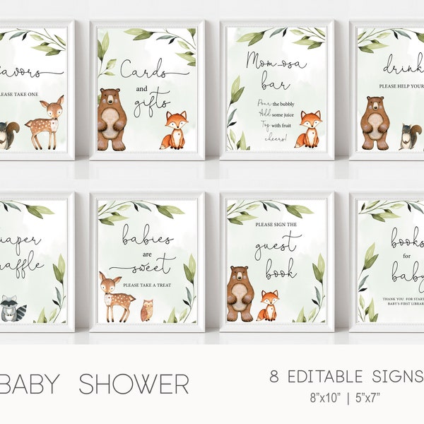 Woodland Baby Shower signs, Woodland table signs, Woodland Baby Shower Decorations, Gender neutral, Printable Signs Template, Corjl, WW01