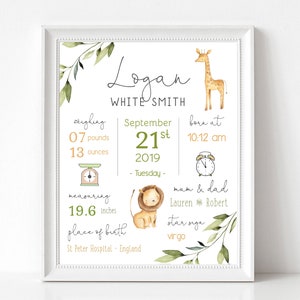 Baby-Geburtsdruck, neues Baby-Mädchen-Geschenk, bearbeitbarer Baby-Geburtsdruck, Geburtsdetails, Geburtsstaffeln, Safari-Kinderzimmerdekor, Corjl, BBS