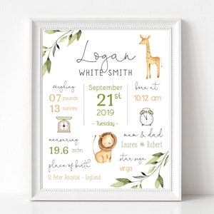 Baby birth print, New Baby Girl Gift, Editable baby birth print, Birth Details, Birth Stats, Safari Nursery Decor, Corjl, BBS