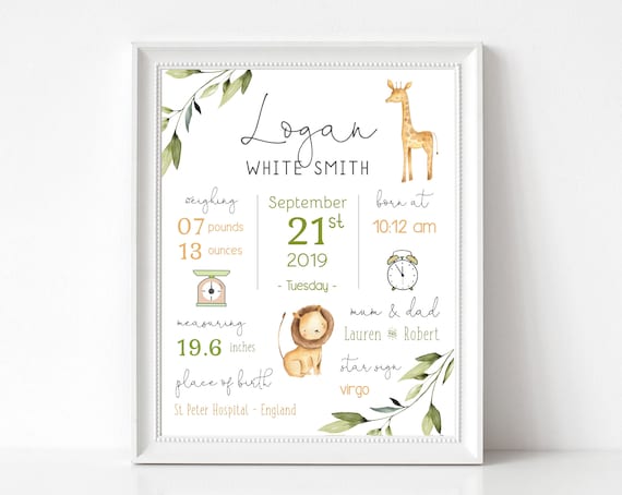 Safari Nursery Decor: Baby Birth Stats Print (Editable, Corjl)