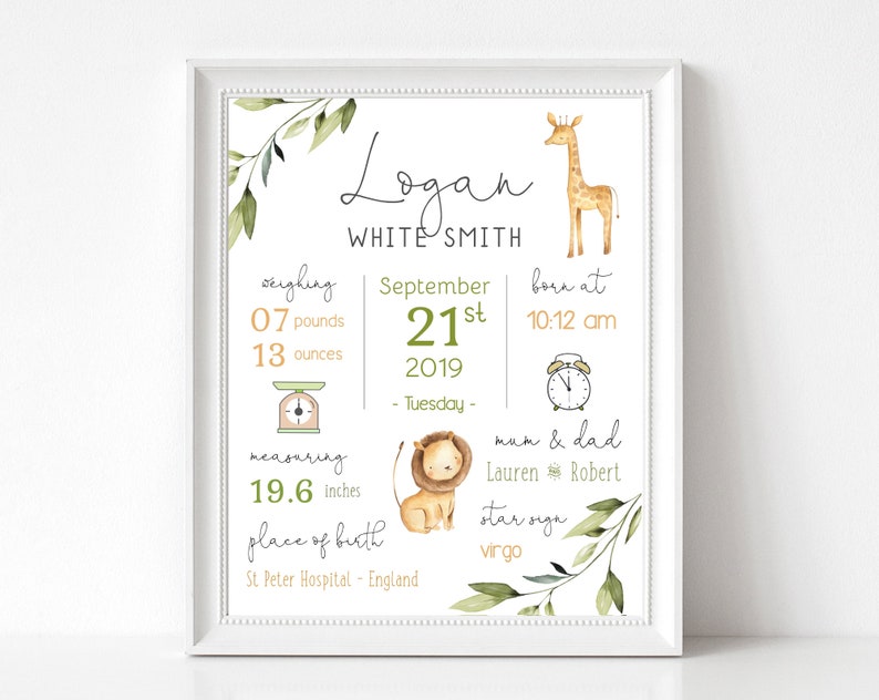 May include: A watercolour illustration of a baby's birth announcement. The illustration features a giraffe, a lion, a scale, a clock, and leafy branches. The text reads "Logan White Smith", "weighing 7 pounds 13 ounces", "September 21st, 2019 - Tuesday", "born at 10:12 am", "measuring 19.6 inches", "place of birth St. Peter Hospital - England", "mum & dad Lauren & Robert", "star sign virgo".