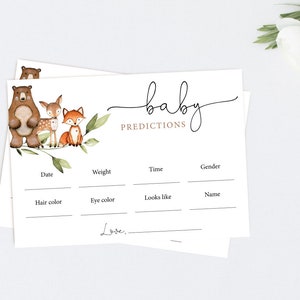 Cartão de previsão de chá de bebê de animais da floresta, jogo de chá de bebê EDITÁVEL, convite de chá de bebê de animal de floresta verde, Corjl, WW01