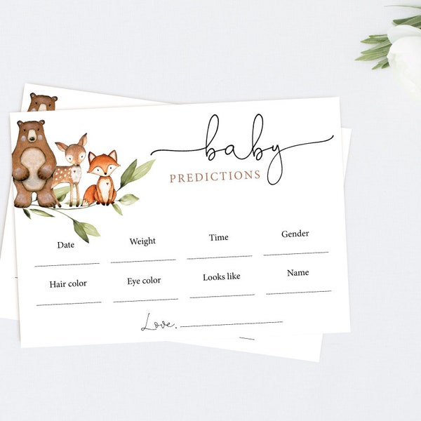 Woodland Animals Baby Shower Prediction Card, EDITABLE Baby Shower Game, Greenery Forest Animal Baby Shower Invitation, Corjl, WW01