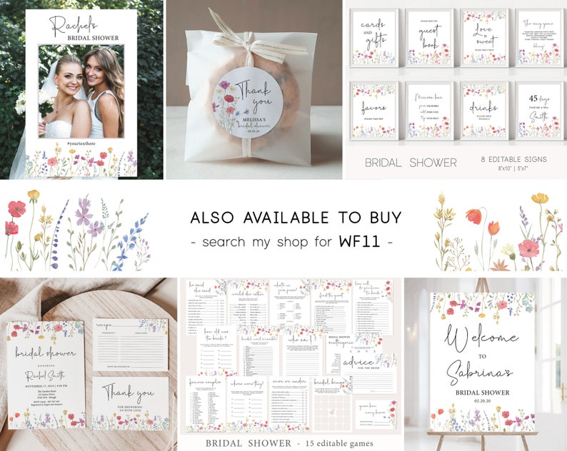 May include: Printable bridal shower decorations with a floral theme. The set includes a welcome sign, 8 editable signs, 15 editable games, a photo booth frame, and a thank you card. The floral design features watercolor flowers in shades of pink, red, yellow, and blue.