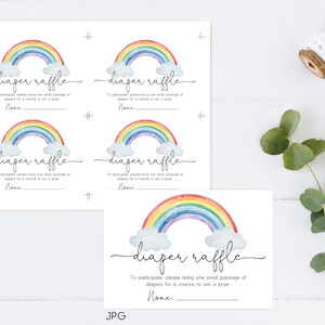 May include: Four printable rainbow-themed diaper raffle tickets with the text "diaper raffle" and instructions to bring one small package of diapers for a chance to win a prize. The tickets are in a PDF format. A single ticket with the same design is also shown in a JPG format.
