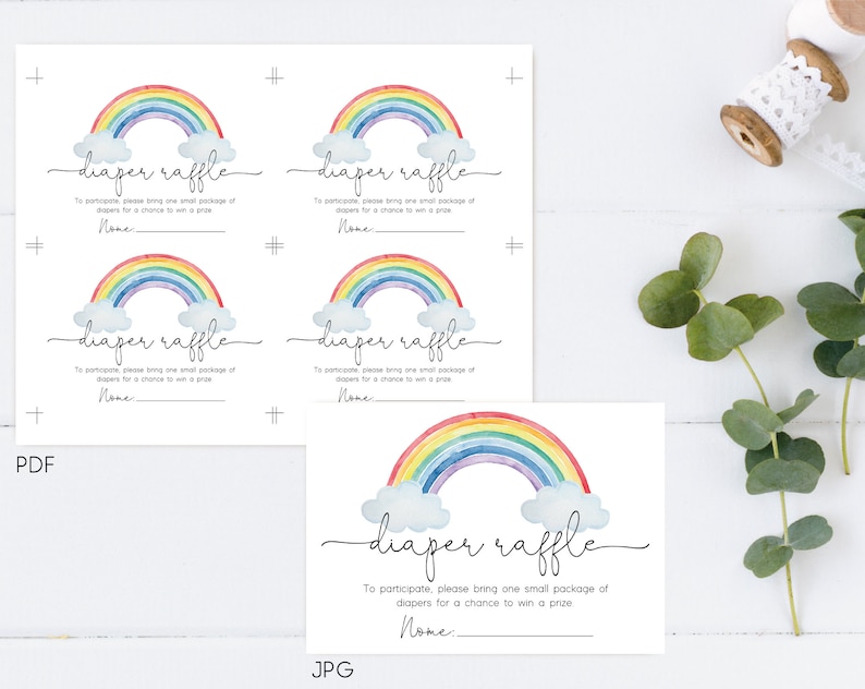 May include: Four printable rainbow-themed diaper raffle tickets with the text "diaper raffle" and instructions to bring one small package of diapers for a chance to win a prize. The tickets are in a PDF format. A single ticket with the same design is also shown in a JPG format.
