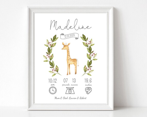 Safari Baby Birth Stats Print: Giraffe Nursery Decor (Editable, Digital Download)