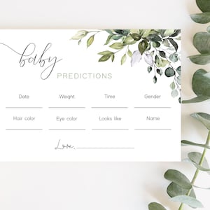 Previsioni per bambini modificabili, Scheda previsioni per bambini, GreeneryBaby Shower, Gioco per baby shower, Gioco per baby shower con foglie verdi, Corjl, GE01