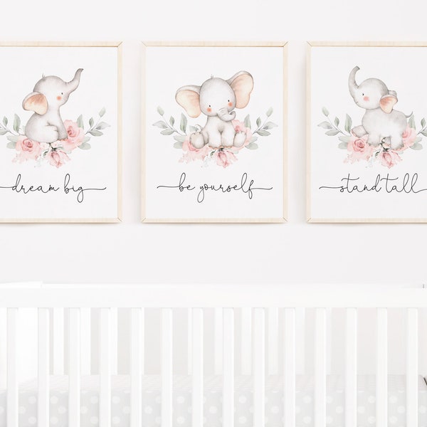 Elephant Baby Girl Pink Nursery Print, Nursery Decor Girl, Elephant Pink Nursery Printable Wall Art, Editable, Set Of 3 Prints, Corjl, PP02