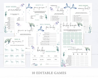 Ocean Baby Shower Games Bundle, Baby Shower Games Template, Under the sea Baby Games Set, Editable Game, Instant Download, Corjl, OC11