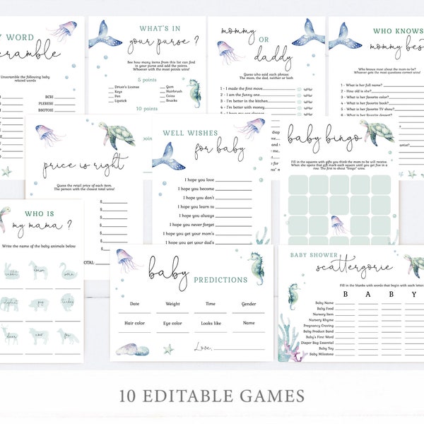 Ocean Baby Shower Games Bundle, Baby Shower Games Template, Under the sea Baby Games Set, Editable Game, Instant Download, Corjl, OC11