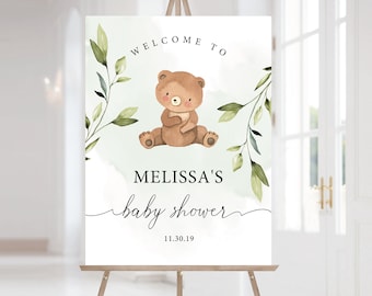 Greenery Bear Baby Shower Welcome Sign: Editable Printable (Corjl)