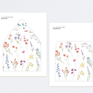 May include: Two printable envelope liners with a floral pattern. The left liner is for a euro flap envelope and the right liner is for a square flap envelope. The floral pattern features a variety of flowers in shades of pink, purple, blue, yellow, and orange.