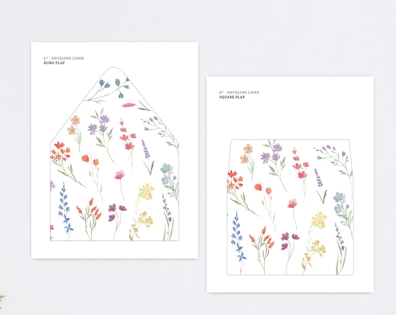May include: Two printable envelope liners with a floral pattern. The left liner is for a euro flap envelope and the right liner is for a square flap envelope. The floral pattern features a variety of flowers in shades of pink, purple, blue, yellow, and orange.
