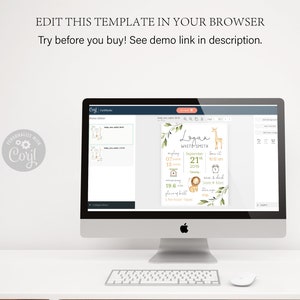May include: A digital screen displaying a baby announcement template with a jungle theme. The template features a giraffe, lion, and greenery. The text on the template reads "Logan White-Smith" and includes the baby's birth date, time, weight, and length.