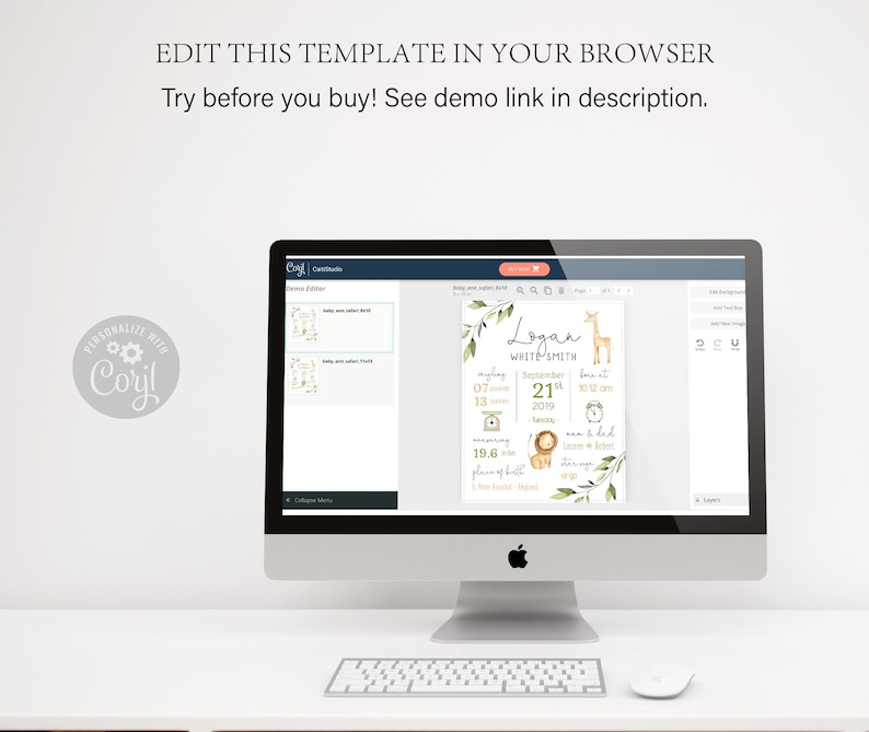 May include: A digital screen displaying a baby announcement template with a jungle theme. The template features a giraffe, lion, and greenery. The text on the template reads "Logan White-Smith" and includes the baby's birth date, time, weight, and length.