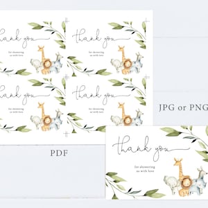 Puede incluir: Tarjetas de agradecimiento con un dise&ntilde;o de acuarela que presenta una jirafa, un le&oacute;n y una cebra con hojas verdes. El texto en las tarjetas dice "Gracias por darnos tanto amor".