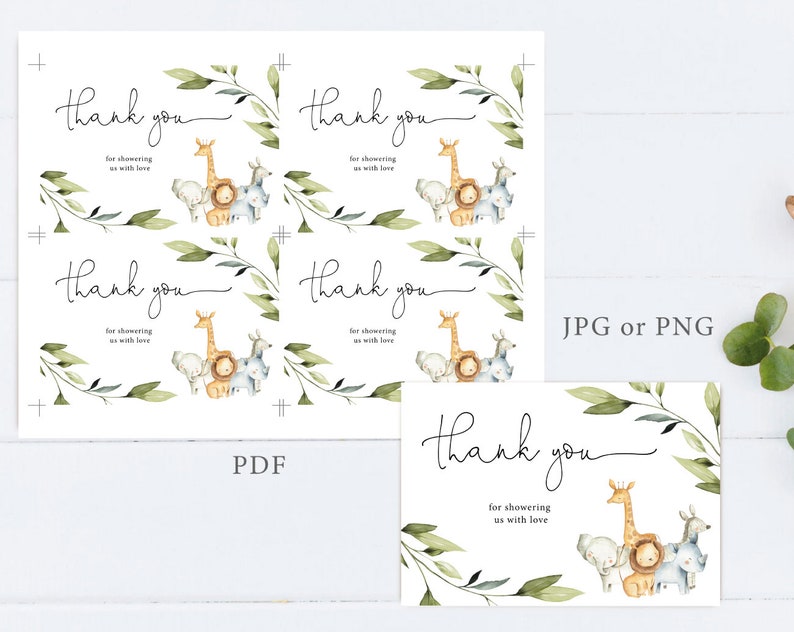 Puede incluir: Tarjetas de agradecimiento con un dise&ntilde;o de acuarela que presenta una jirafa, un le&oacute;n y una cebra con hojas verdes. El texto en las tarjetas dice "Gracias por darnos tanto amor".