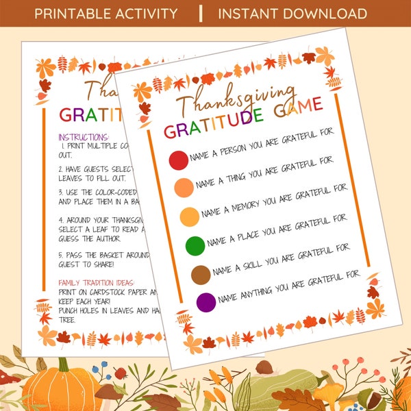 Thanksgiving Gratitude Game for Family - Instant Digital Download Printable - Gratitude Leaves - Memorable Tradition for Children & Adults