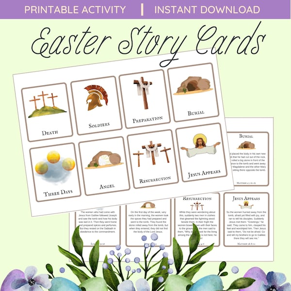 Easter Story Cards | Holy Week Countdown | Christian Catholic Lutheran Sunday School Activity | Daily Bible Verse Scripture Reading for Kids