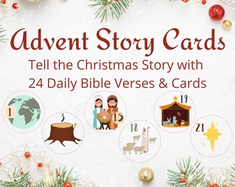 Advent Cards with Bible Versus for Kids - Christmas Story Countdown Calendar Cards - Printable Scripture Tags for Children -Instant Download