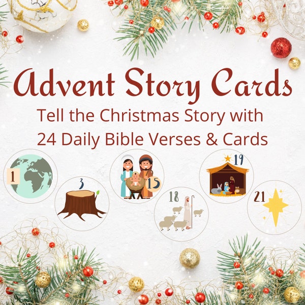 Advent Cards with Bible Versus for Kids - Christmas Story Countdown Calendar Cards - Printable Scripture Tags for Children -Instant Download