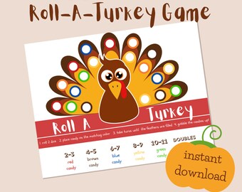 Thanksgiving Roll A Turkey Game for Kids - Digital Download Printable - Fun Thanksgiving Game for Young Children - 2 Versions: Easy & Hard