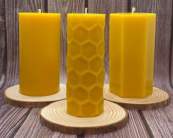 Set of 3 Long Burning Pure Beeswax Pillar Candles, Hexagon, Honeycomb, and Cylinder Candle, Hand Poured 100% Beeswax, Table Centerpiece