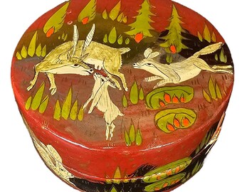 Papier Mache Circular Trinket Box Kashmir Hand Painted Scene with Deer Lacquer