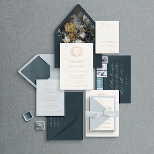 Foil Stamped Formal Wedding Invitations With Floral Crest Sample, Elegant Letterpress & Handmade Paper With Deckled Edges