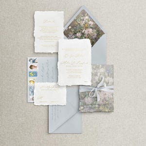 Letterpress Wedding Invitations Sample, Elegant Gold Foil Stamped, Deckled Edge, Handmade Paper, Formal Semi-Custom Invitations