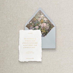 Tarjeta Save the Date impresa en Sienna, elegante papel hecho a mano con estampado dorado, invitaciones formales semipersonalizadas