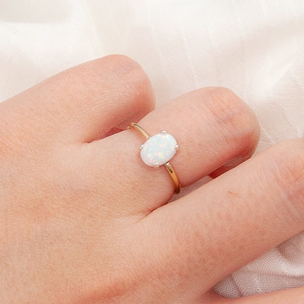 Handmade Dainty Lab Opal Ring in 14k Gold Filled or Sterling Silver