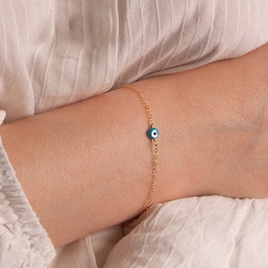Dainty Evil Eye Protection Bracelet: Mother of Pearl, 14k Gold Filled or Sterling Silver