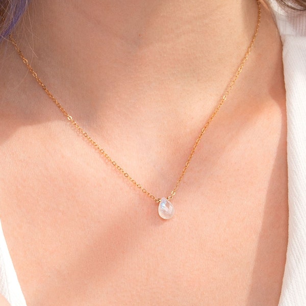 Dainty Rainbow Moonstone Necklace: 14k Gold Filled or Sterling Silver Gemstone, June Birthstone