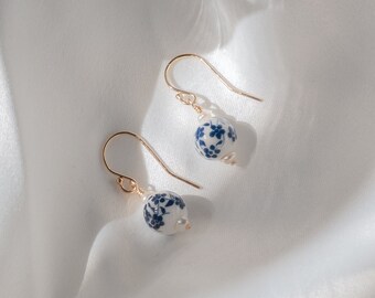 Dainty Porcelain Floral Earrings: Blue Floral, 14k Gold Filled or Sterling Silver