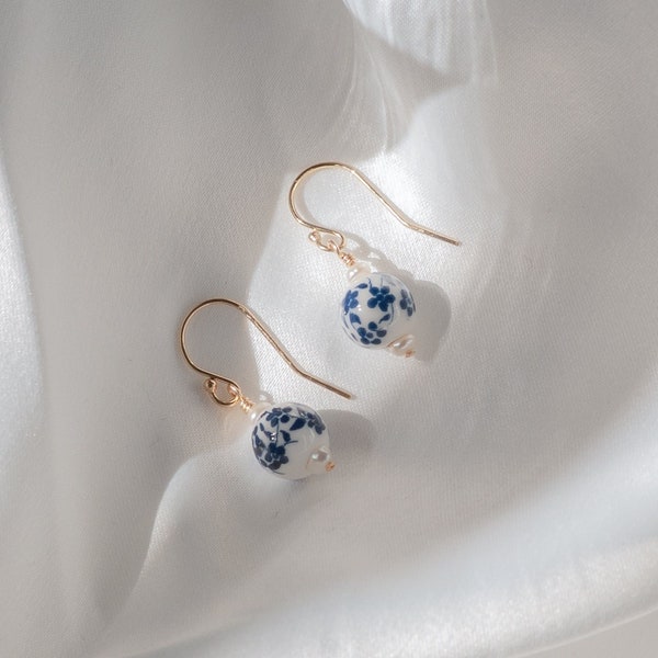 Dainty Porcelain Floral Earrings, White and Blue Flower Porcelain Earrings, Vintage Inspired Earrings, Unique Handmade Earrings Gift for Mom