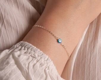 Dainty Evil Eye Protection Bracelet: Mother of Pearl, 14k Gold Filled or Sterling Silver