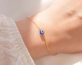 Dainty Dark Blue Evil Eye Bracelet in Sterling Silver or 14k Gold Filled