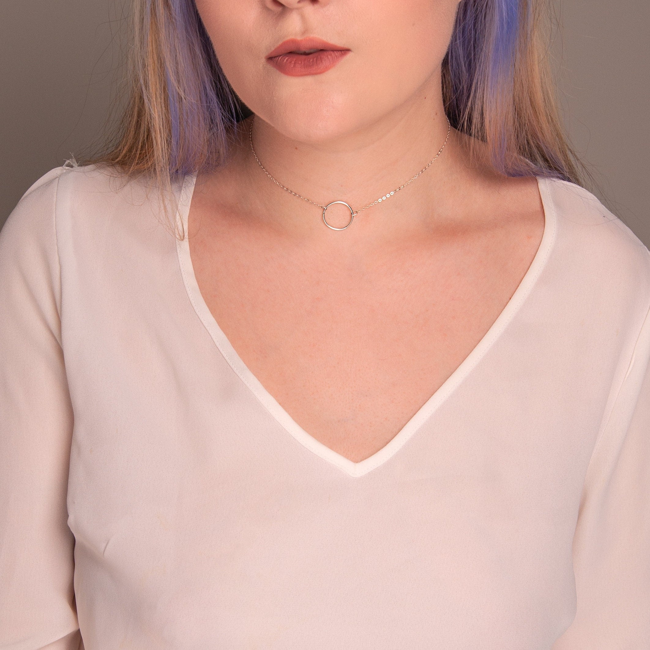 Sterling Silver Eternity Collar: Discreet O Ring Choker with Blue Lace Agate