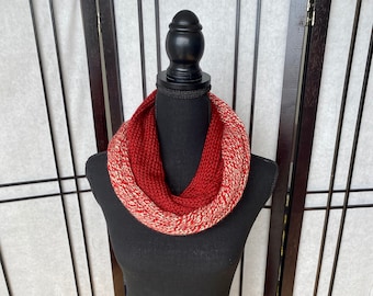 Two Toned Knit Infinity SEAMLESS Scarf | Autumn Red, White & Bright Red | Handmade | Circle Scarf | Split 2 Color Scarf | Made to Order
