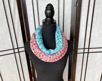 Two Toned Cotton Candy Knit Infinity Seamless Scarf | Pink & Blue | Handmade | Circle Scarf | Split 2 Color Scarf | Aqua | Made to Order