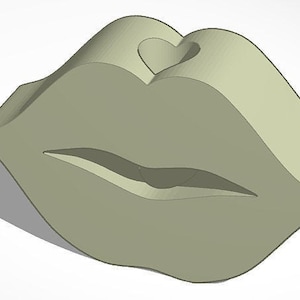May include: A light green 3D printed mold shaped like a pair of lips with a heart-shaped cutout in the center.