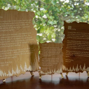 Met hout gegraveerde gepersonaliseerde brief. Custom liefdesbericht met bosthema. Gravure van cottage-kerndecor. Houten jubileumcadeau