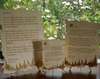Wood engraved personalized letter | Nature forest theme custom love message with a stand.